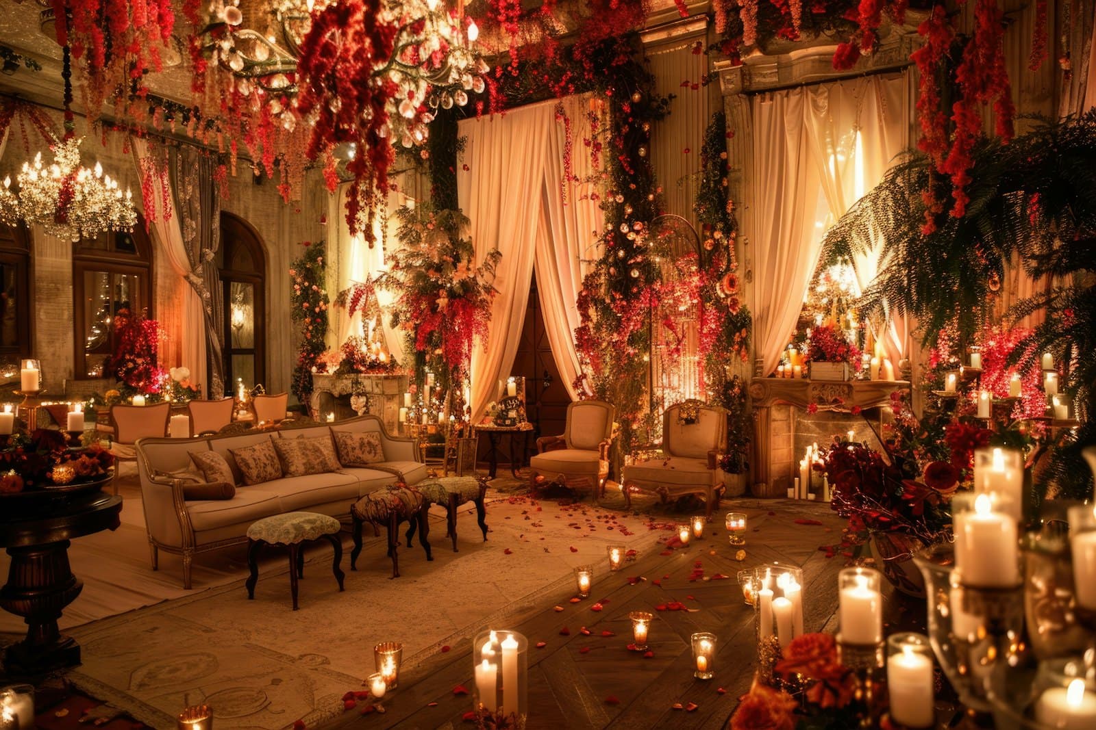 A reception room lit entirely by candles, with red floral installations spilling from the ceiling and chandeliers overhead.